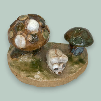 Mouse and Mushroom Figurine Scene – Handcrafted Ceramic Sculpture