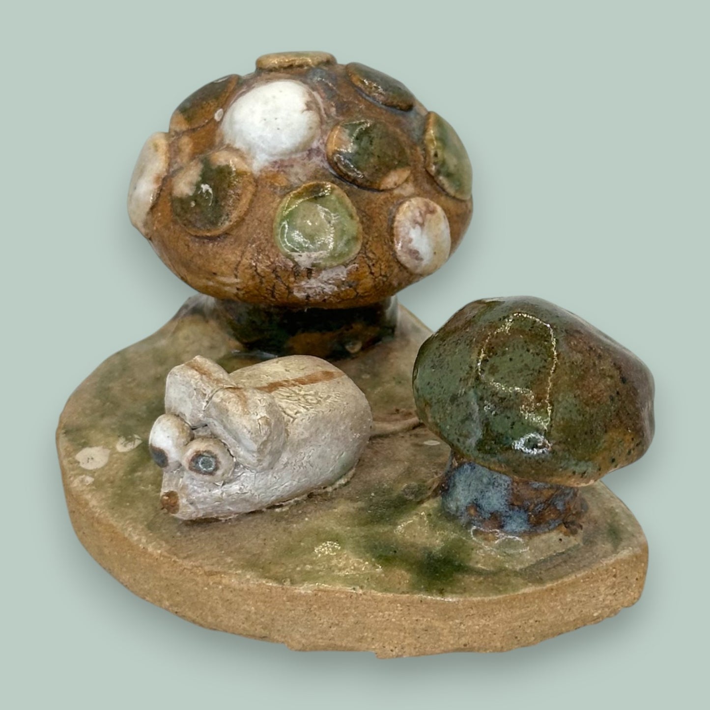 Mouse and Mushroom Figurine Scene – Handcrafted Ceramic Sculpture