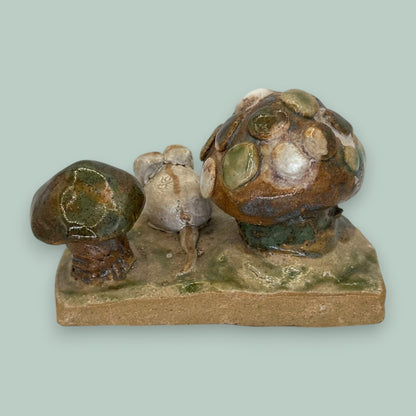Mouse and Mushroom Figurine Scene – Handcrafted Ceramic Sculpture