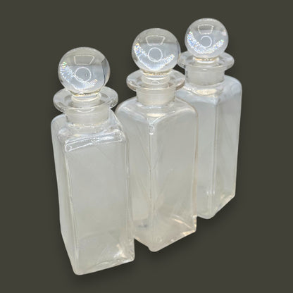 Vintage Art Deco Apothecary Bottles – Etched Glass with Round Stoppers (Set of 3)