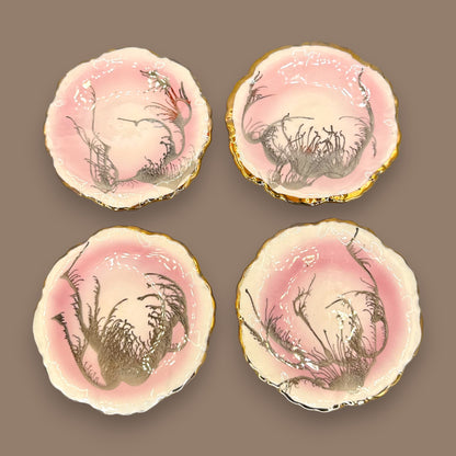 Vintage Scalloped Pink Dish with Gold Trim – Abstract Black & Grey Design