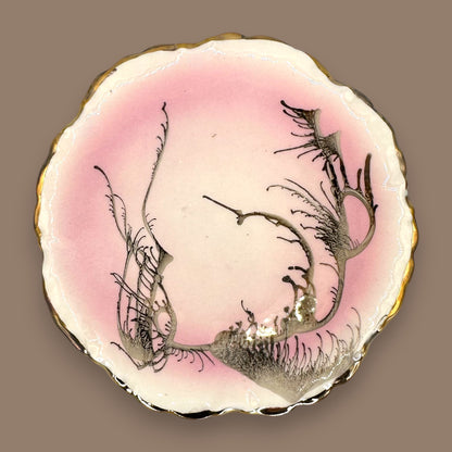 Vintage Scalloped Pink Dish with Gold Trim – Abstract Black & Grey Design