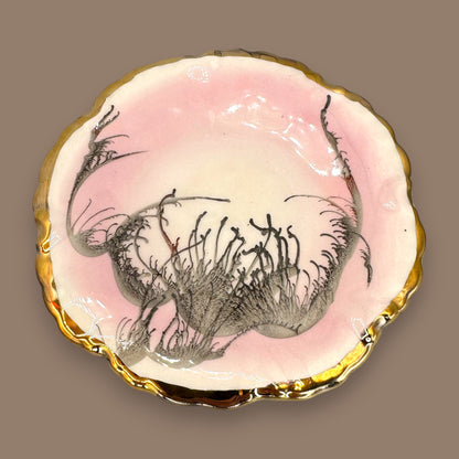 Vintage Scalloped Pink Dish with Gold Trim – Abstract Black & Grey Design