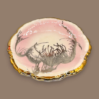 Vintage Scalloped Pink Dish with Gold Trim – Abstract Black & Grey Design