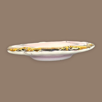 Vintage Scalloped Pink Dish with Gold Trim – Abstract Black & Grey Design
