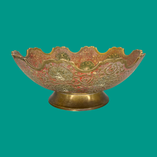 Vintage Brass Decorative Bowl with Intricate Peacock Motif