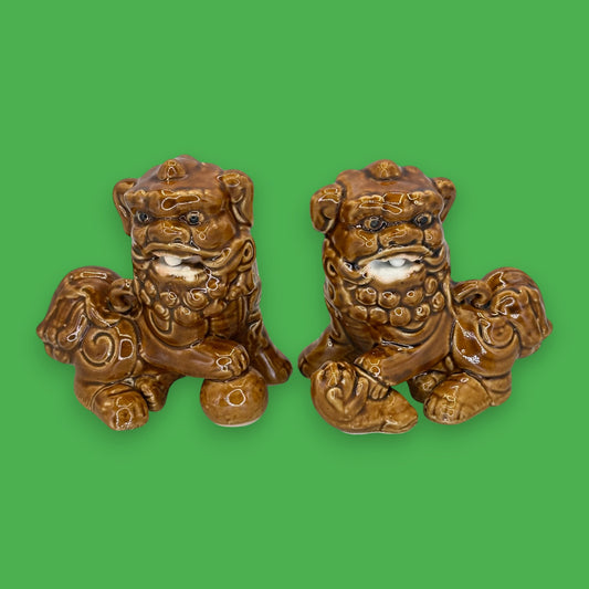 Vintage Chinese Foo Dog Figurine Pair – Brown Glazed Ceramic
