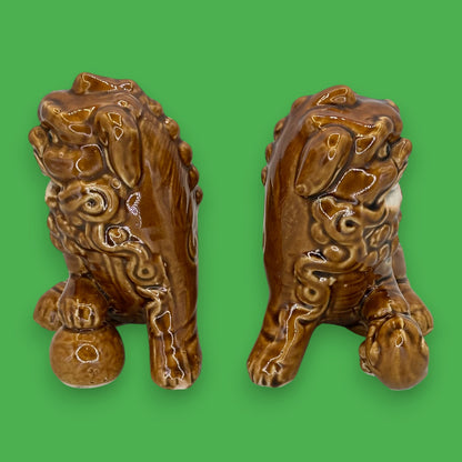 Vintage Chinese Foo Dog Figurine Pair – Brown Glazed Ceramic