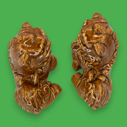 Vintage Chinese Foo Dog Figurine Pair – Brown Glazed Ceramic