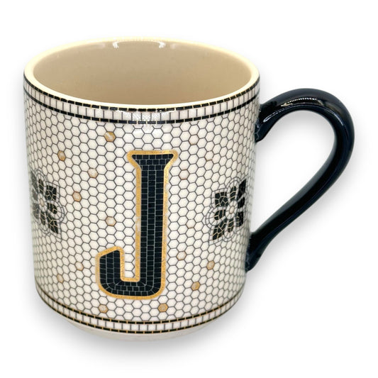 Anthropologie Elegant Monogram Initial J Coffee Mug - Stylish Black & White Bistro Tile Design