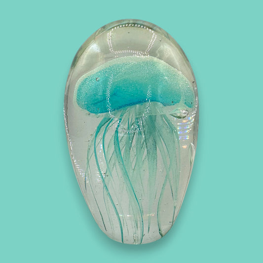 Light Teal Jellyfish Glass Paperweight – Vintage Charm, Glows in the Dark