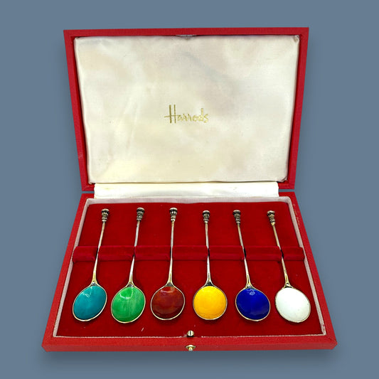 Sterling Silver Demitase Spoons with Coloured Enamel – Boxed Collector Set - Harrods London