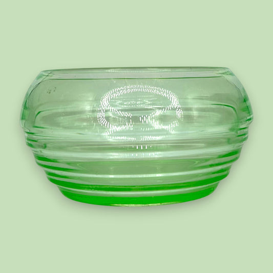 Vintage Green Uranium Glass 5.3" Bowl | Ribbed Art Deco Design