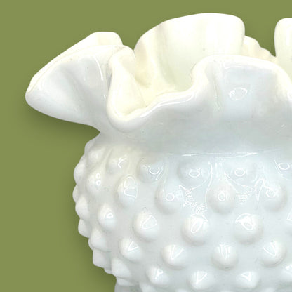 Vintage Fenton White Milk Glass Hobnail Ruffled Vase