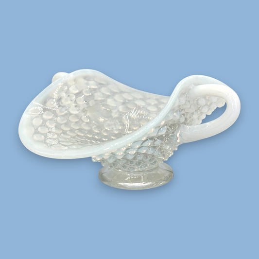 Vintage Fenton Opalescent Moonstone Hobnail Glass Basket – 1970s