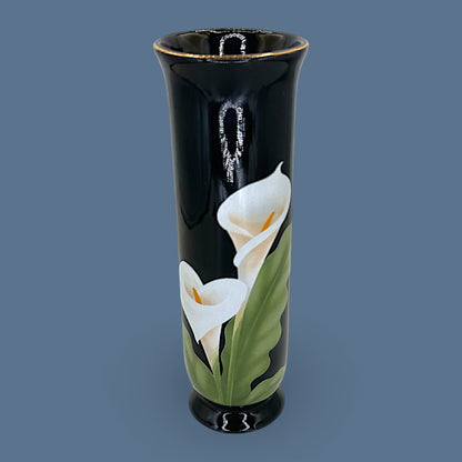 Vintage Otagiri Japan Calla Lily Design Vase – Round Curved - 1980's Porcelain Black Vase
