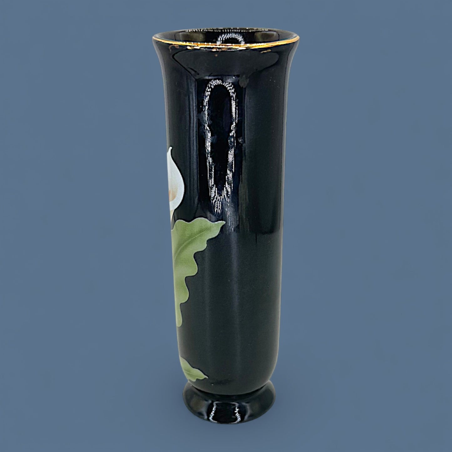 Vintage Otagiri Japan Calla Lily Design Vase – Round Curved - 1980's Porcelain Black Vase