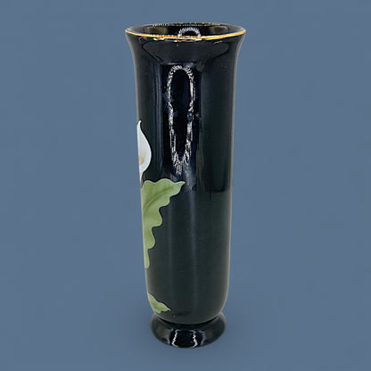 Vintage Otagiri Japan Calla Lily Design Vase – Round Curved - 1980's Porcelain Black Vase