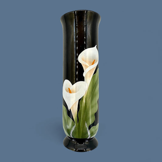 Vintage Otagiri Japan Calla Lily Design Vase – Round Curved - 1980's Porcelain Black Vase