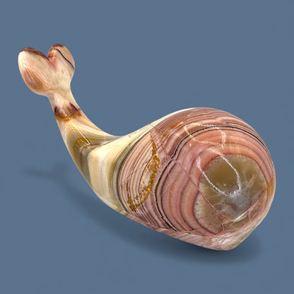 Onyx Stone Whale Sculpture - Hand Carved + Polished  - Red White Amber