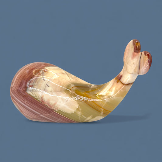Onyx Stone Whale Sculpture - Hand Carved + Polished  - Red White Amber