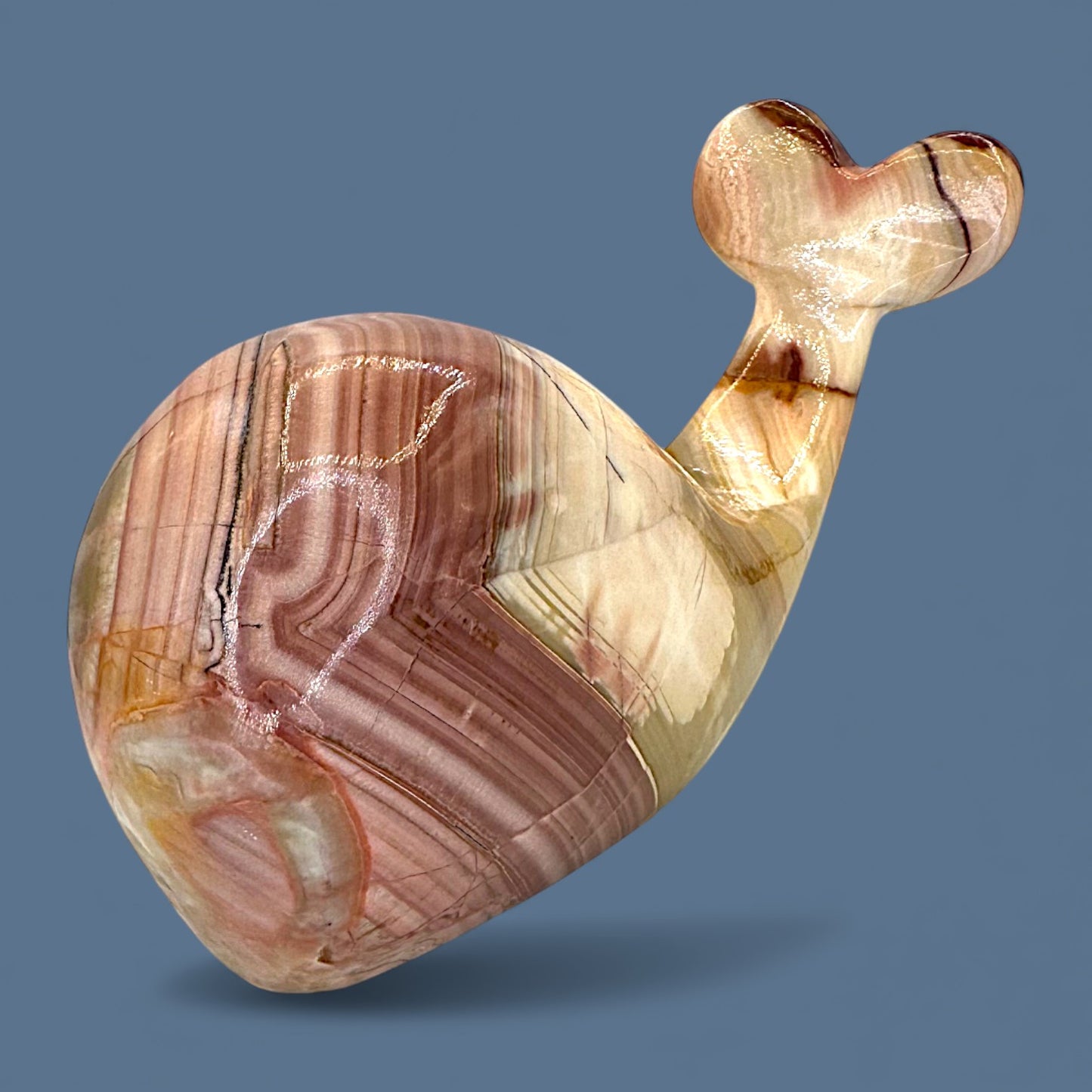 Onyx Stone Whale Sculpture - Hand Carved + Polished  - Red White Amber