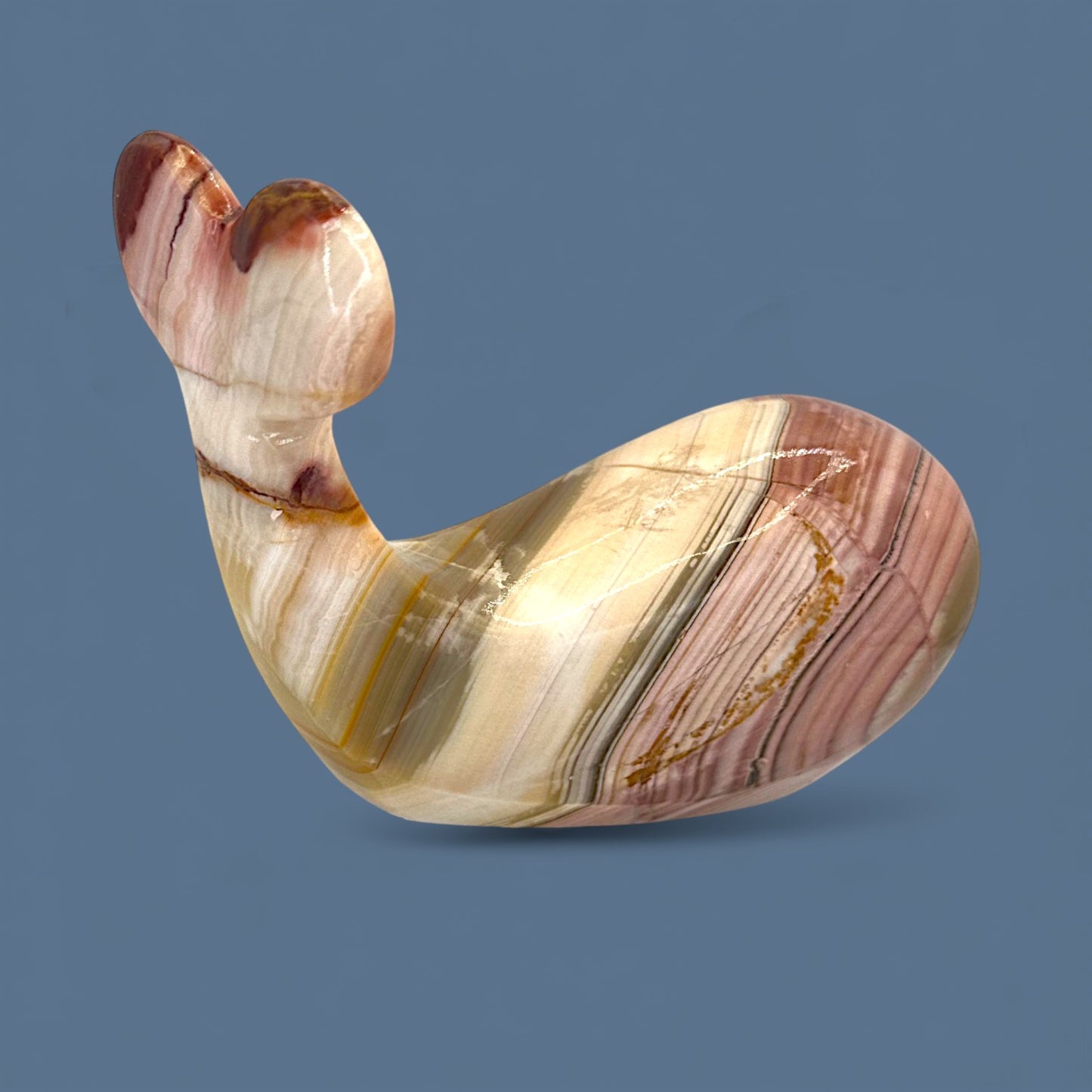 Onyx Stone Whale Sculpture - Hand Carved + Polished  - Red White Amber