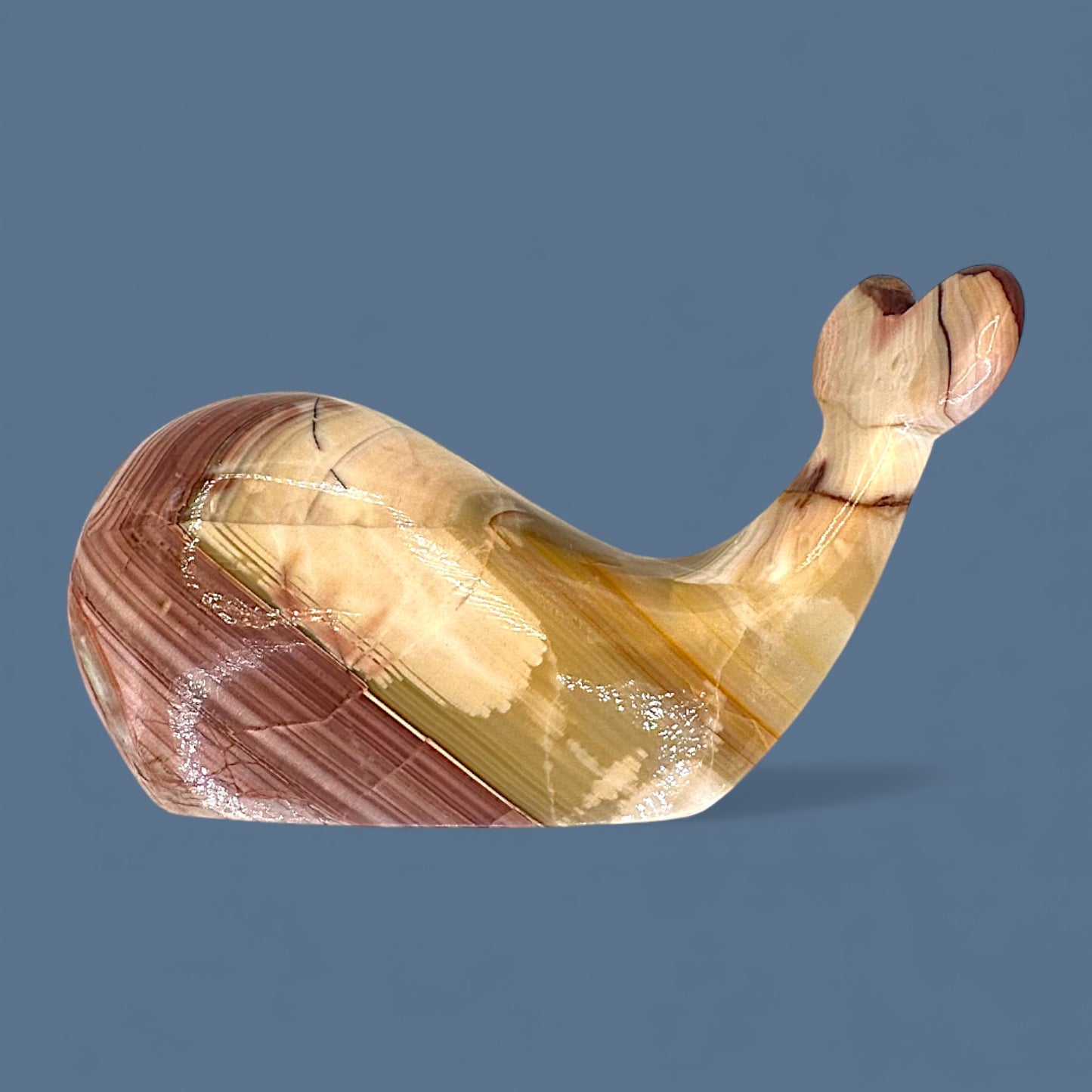 Onyx Stone Whale Sculpture - Hand Carved + Polished  - Red White Amber