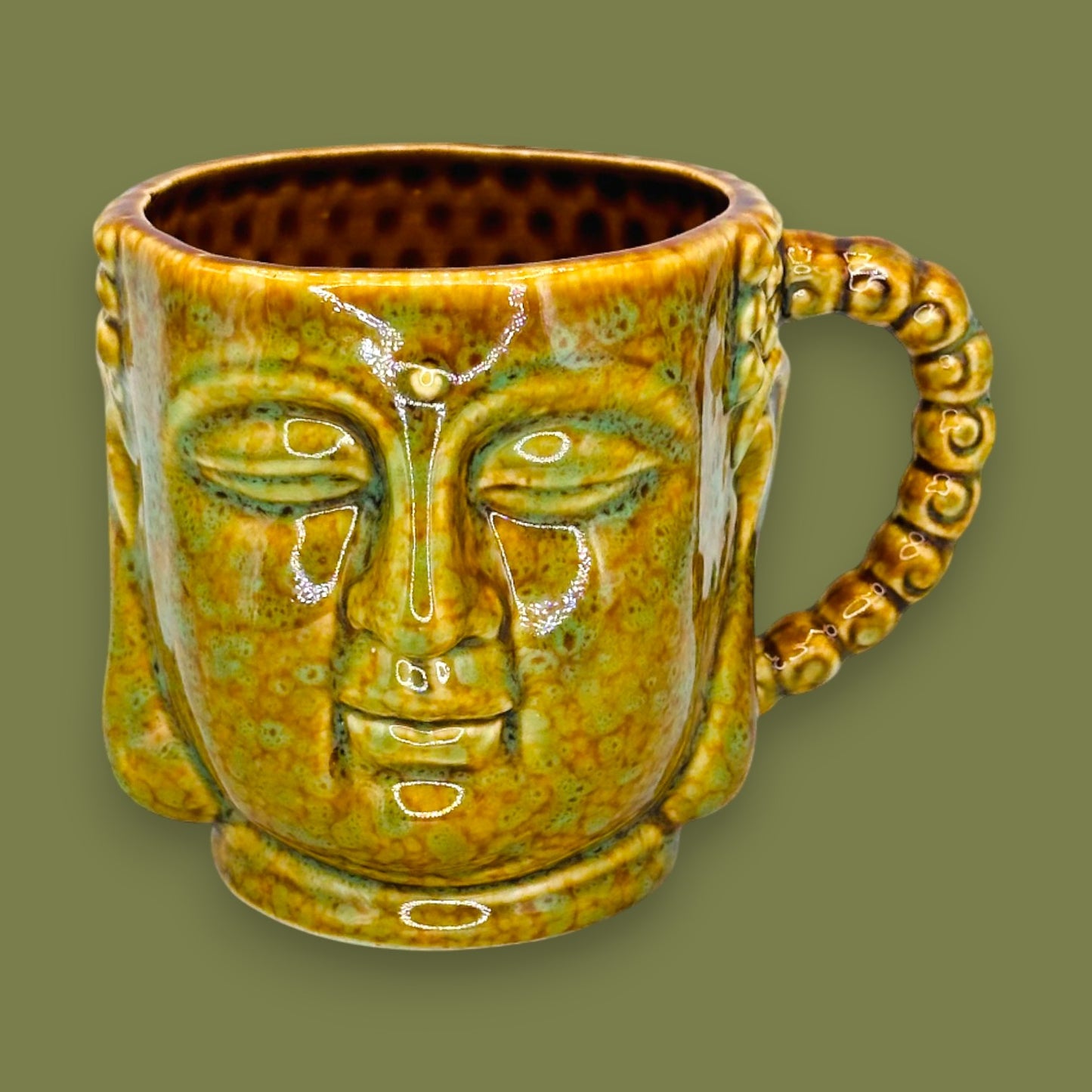 Yellow Green Buddha Head Ceramic Mug Sculpted Face Cup Replacement Mug