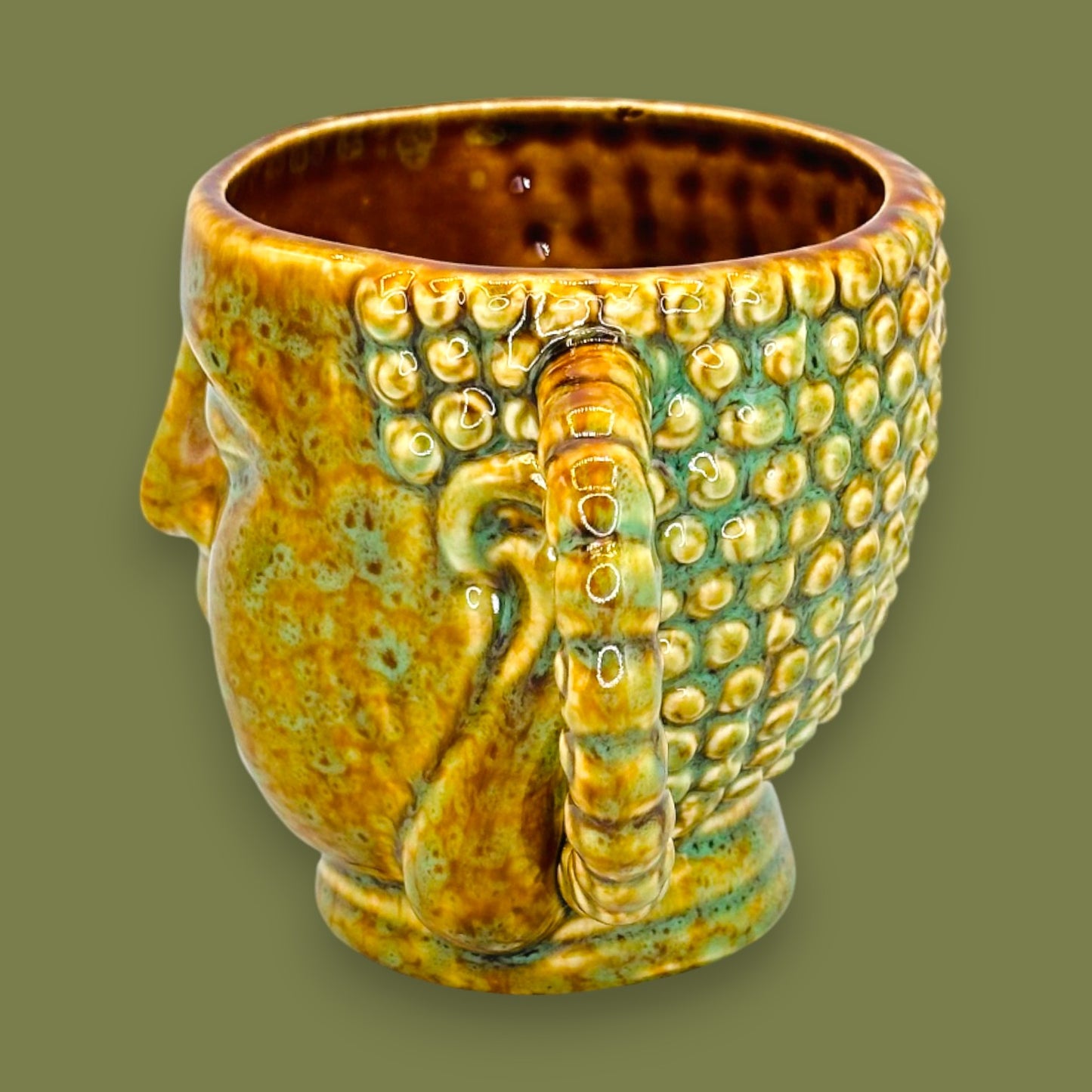 Yellow Green Buddha Head Ceramic Mug Sculpted Face Cup Replacement Mug