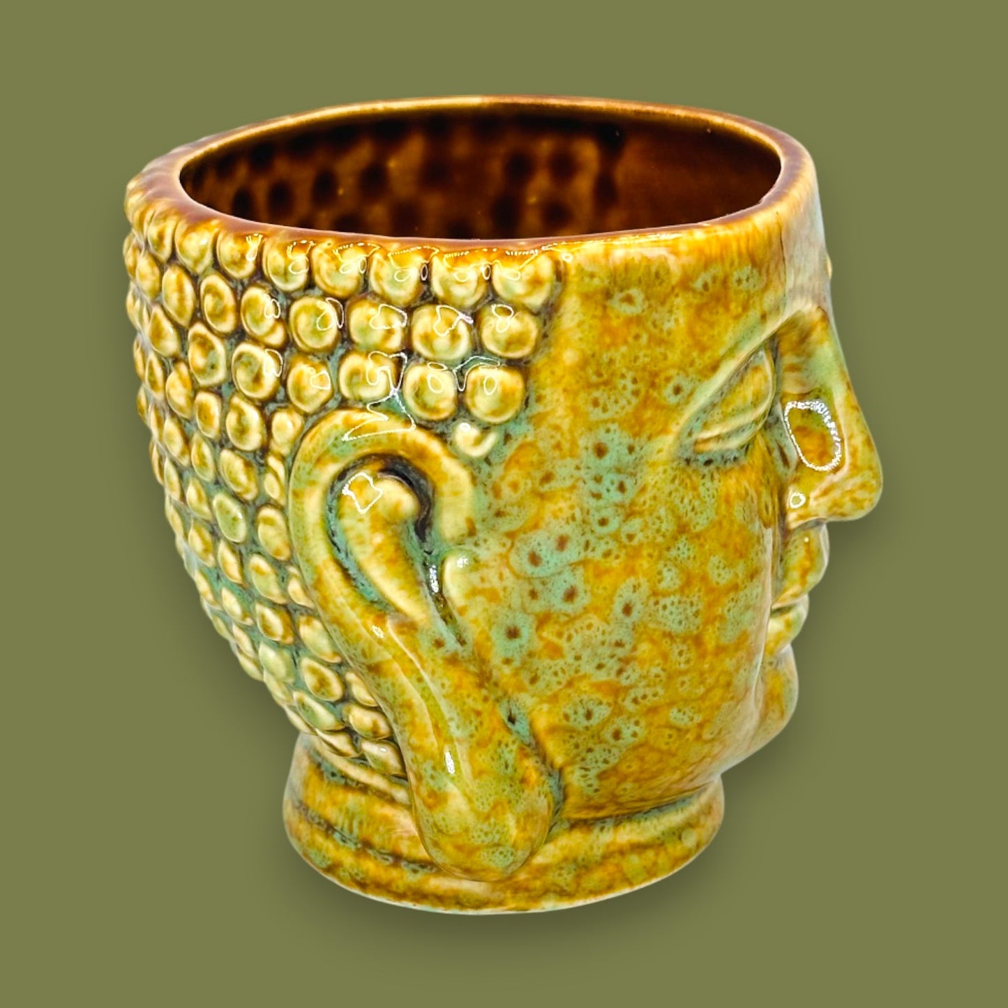 Yellow Green Buddha Head Ceramic Mug Sculpted Face Cup Replacement Mug