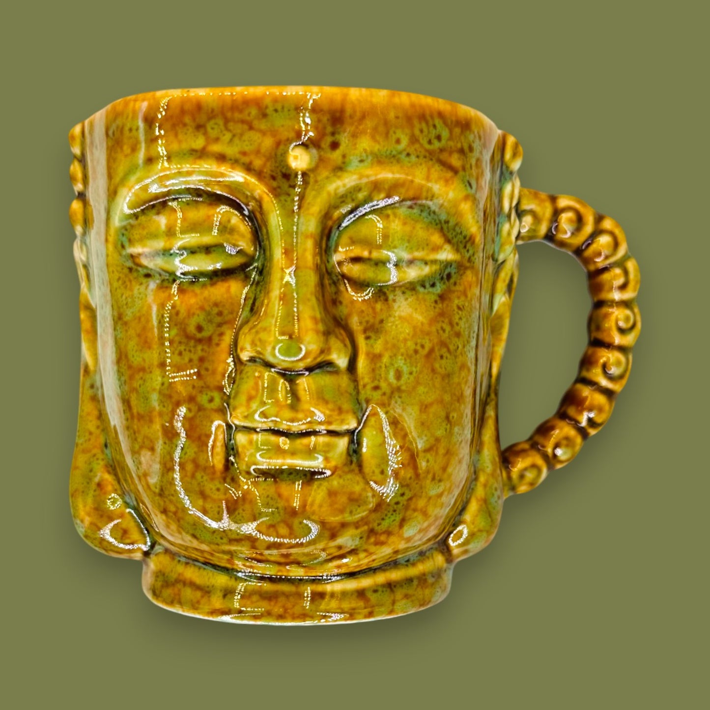 Yellow Green Buddha Head Ceramic Mug Sculpted Face Cup Replacement Mug