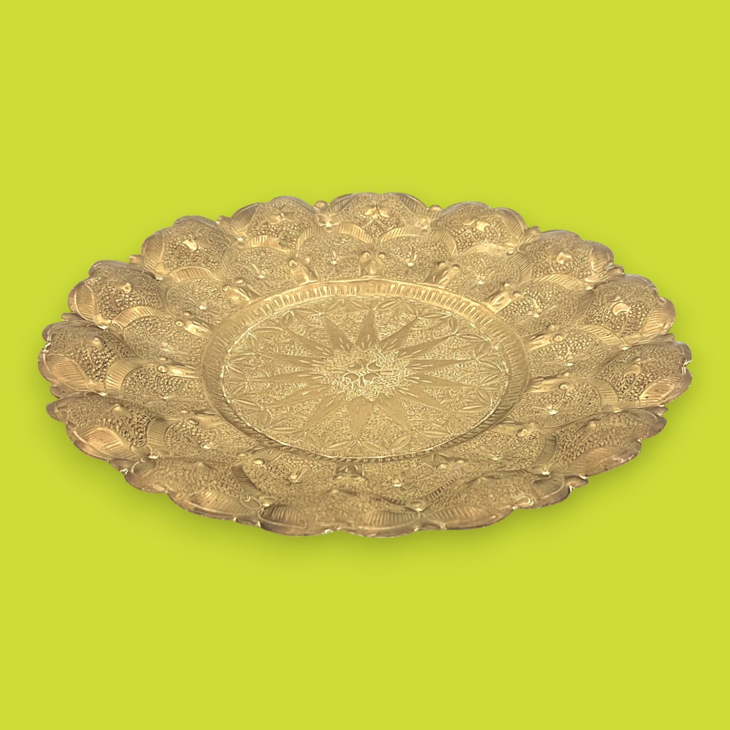Vintage Middle Eastern Brass Tray with Ornate Hammered Design