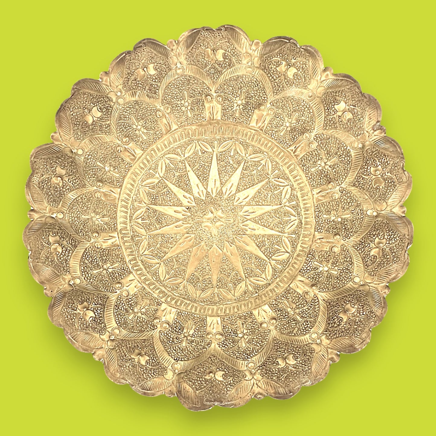 Vintage Middle Eastern Brass Tray with Ornate Hammered Design