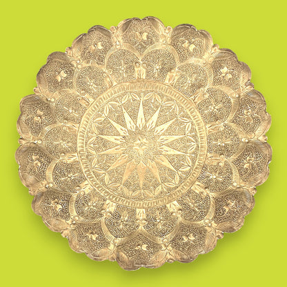 Vintage Middle Eastern Brass Tray with Ornate Hammered Design
