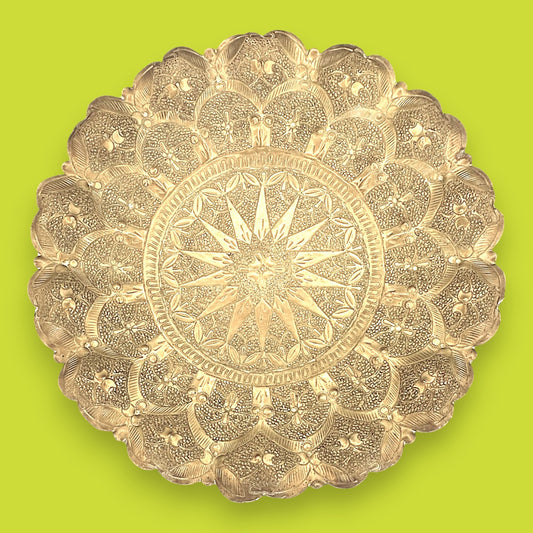 Vintage Middle Eastern Brass Tray with Ornate Hammered Design