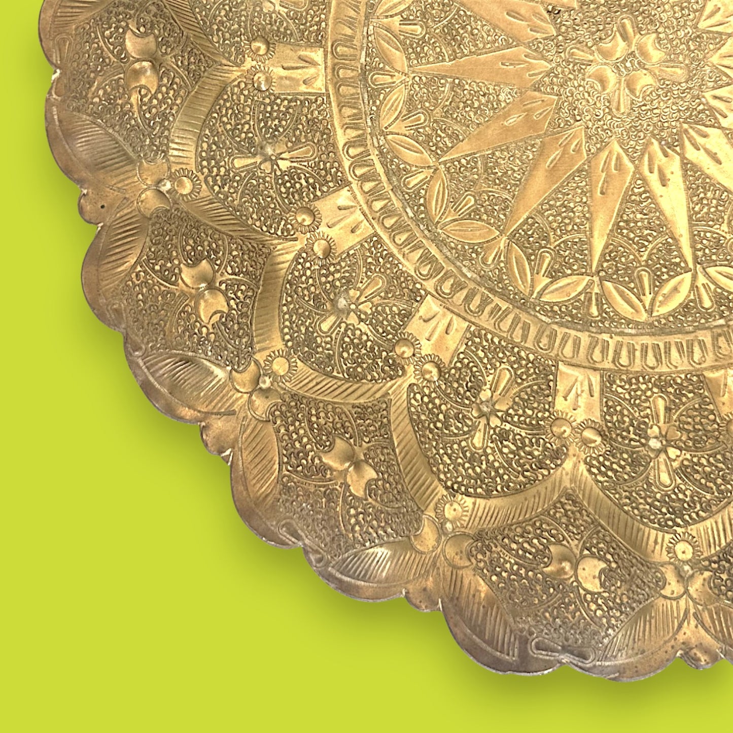 Vintage Middle Eastern Brass Tray with Ornate Hammered Design