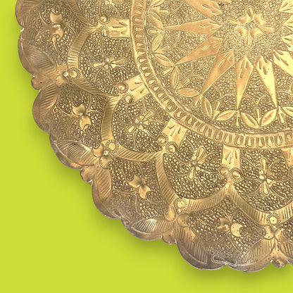 Vintage Middle Eastern Brass Tray with Ornate Hammered Design