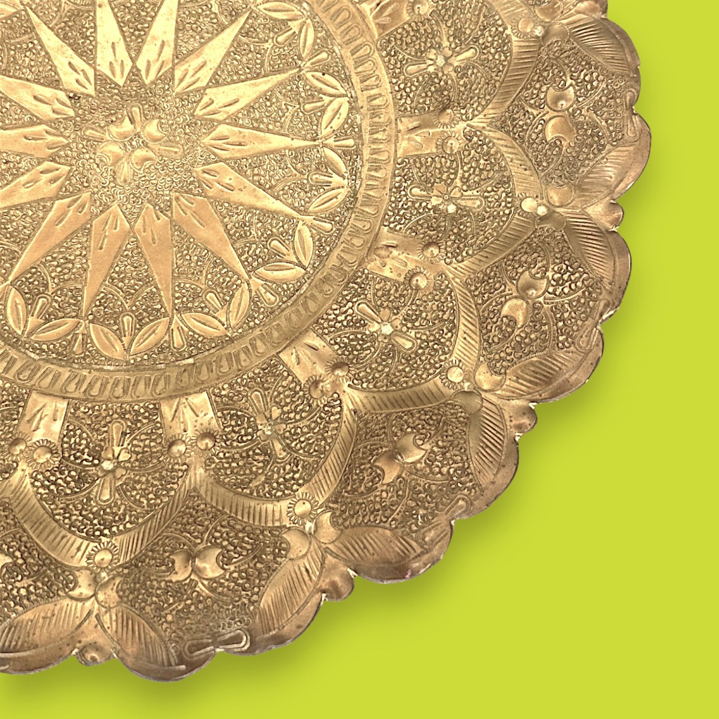 Vintage Middle Eastern Brass Tray with Ornate Hammered Design