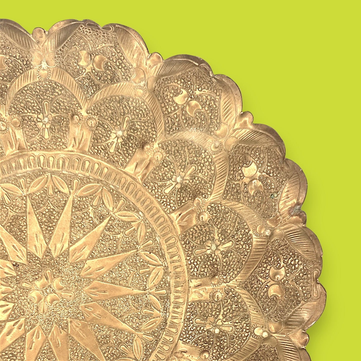 Vintage Middle Eastern Brass Tray with Ornate Hammered Design