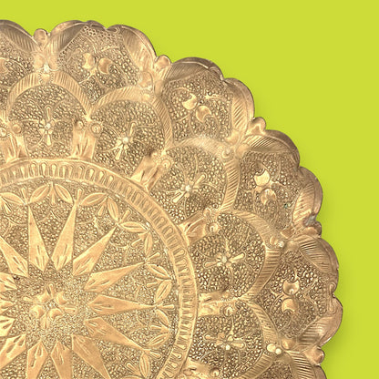 Vintage Middle Eastern Brass Tray with Ornate Hammered Design