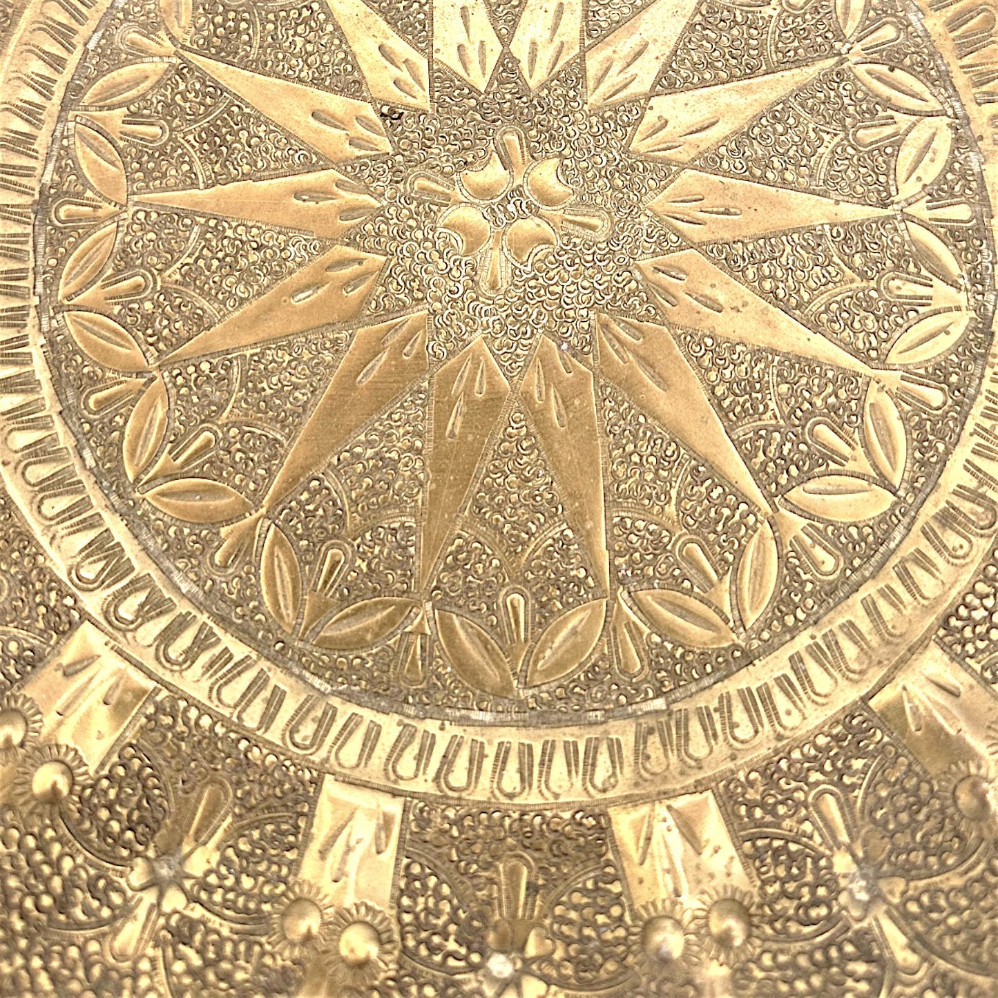 Vintage Middle Eastern Brass Tray with Ornate Hammered Design