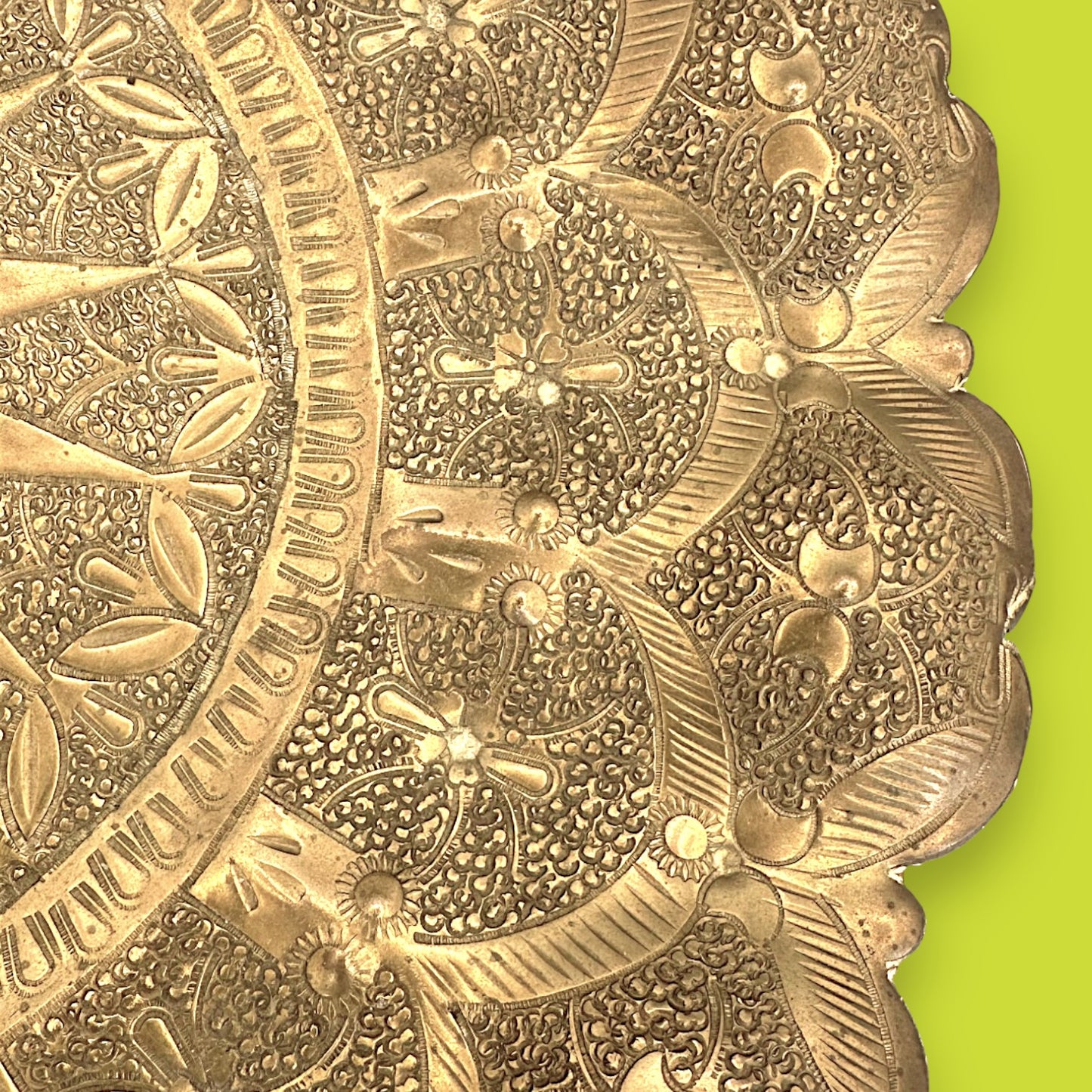 Vintage Middle Eastern Brass Tray with Ornate Hammered Design