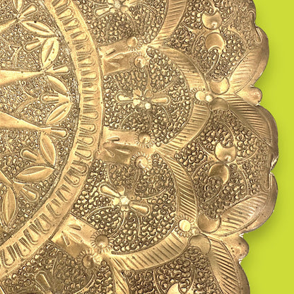 Vintage Middle Eastern Brass Tray with Ornate Hammered Design