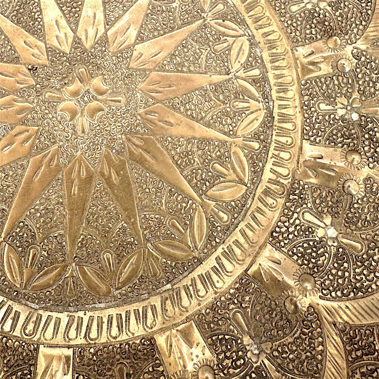 Vintage Middle Eastern Brass Tray with Ornate Hammered Design