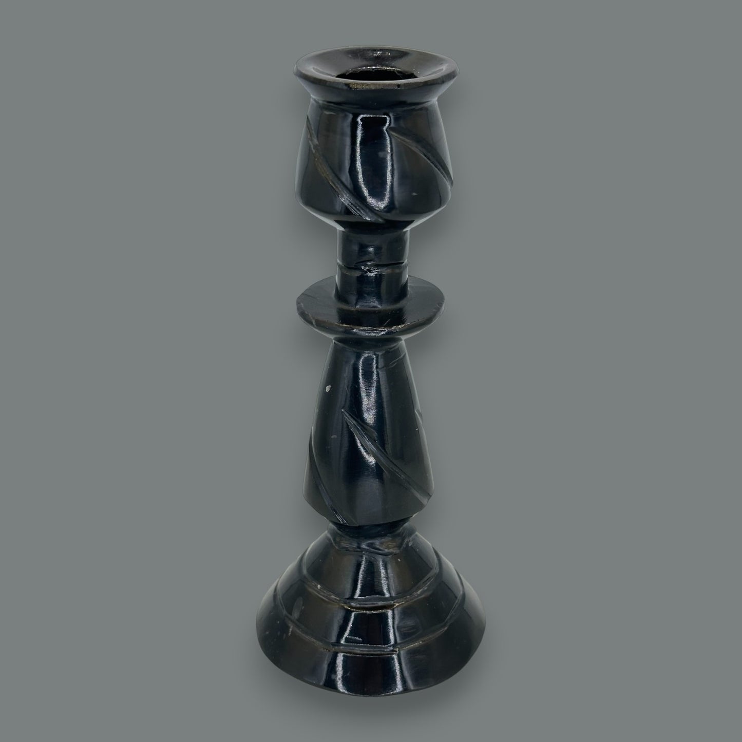 Hand-Carved Black Onyx Stone Taper Candle Holder 10.5 Inch