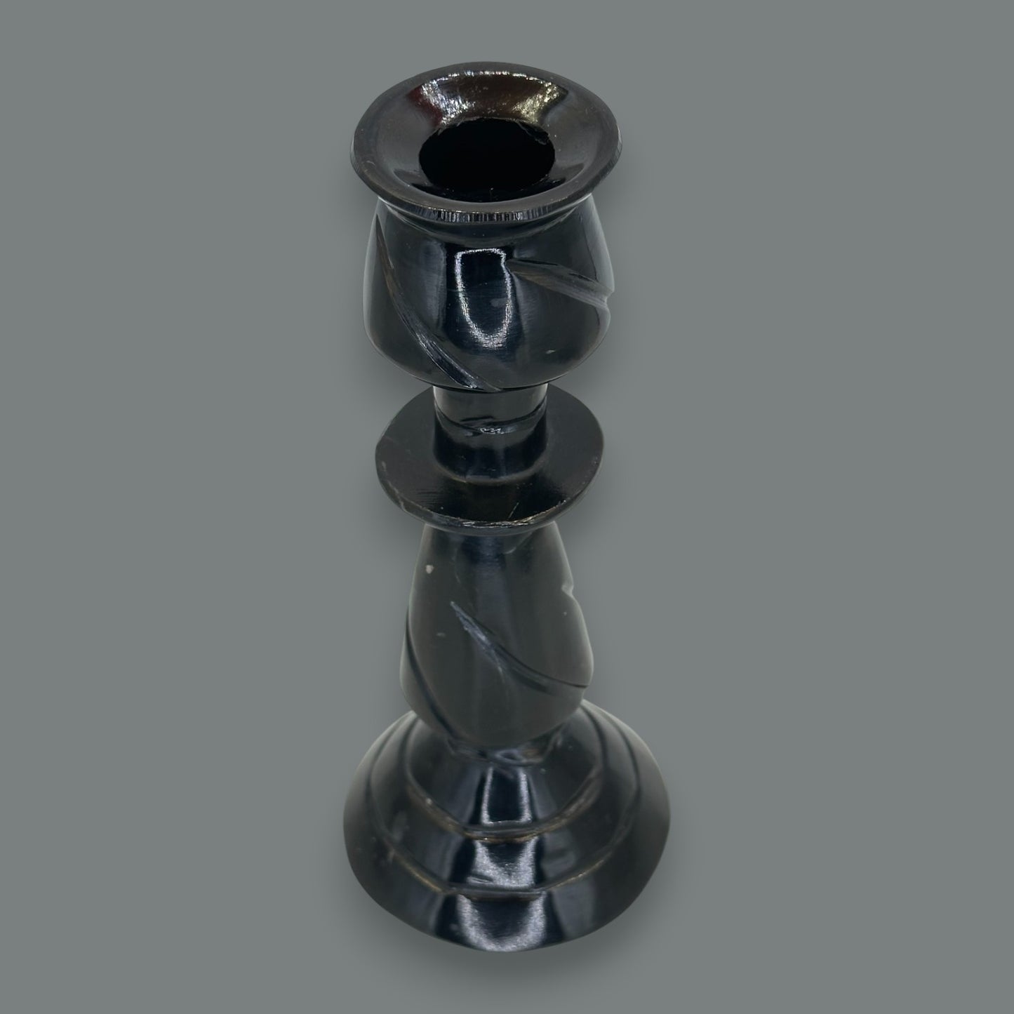 Hand-Carved Black Onyx Stone Taper Candle Holder 10.5 Inch