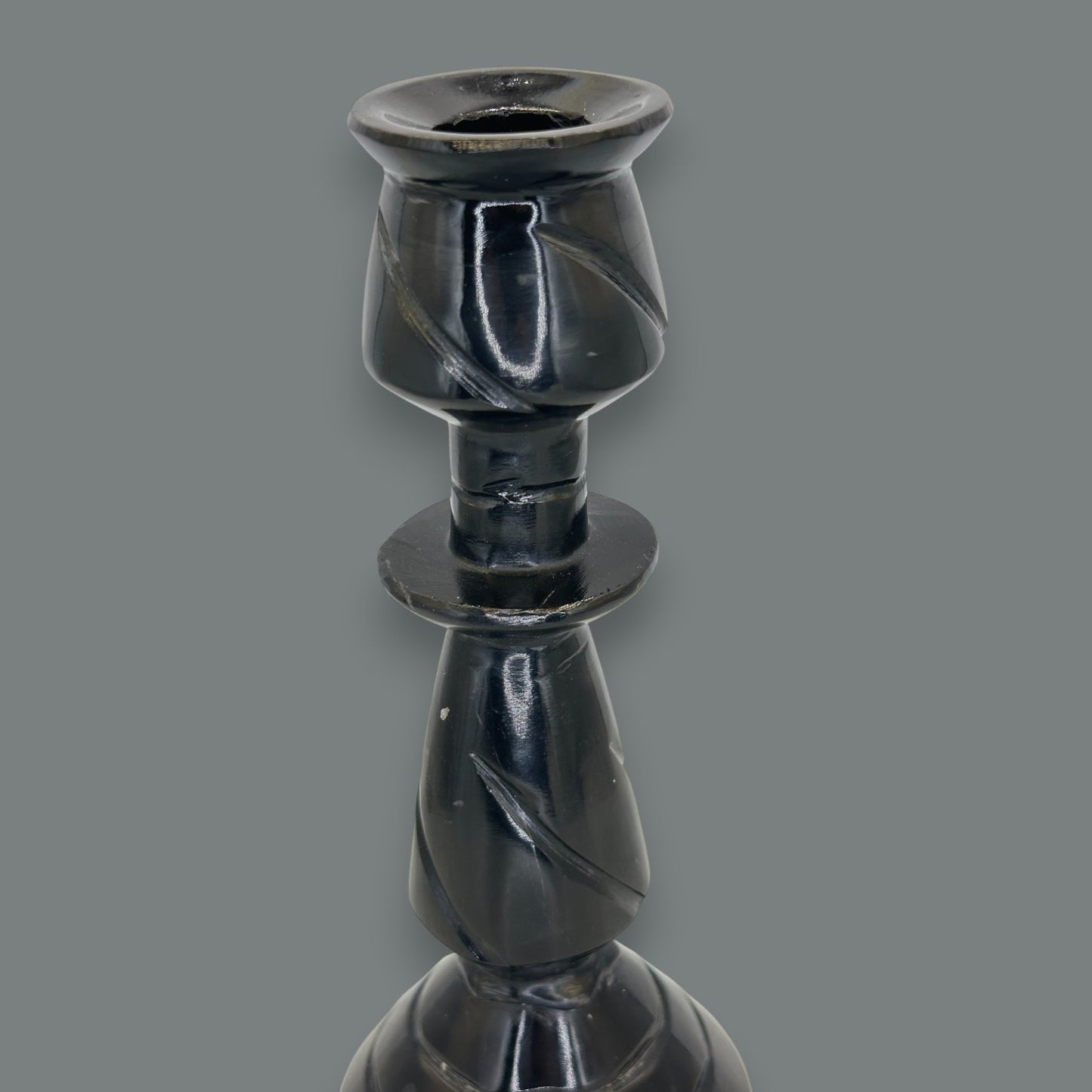 Hand-Carved Black Onyx Stone Taper Candle Holder 10.5 Inch