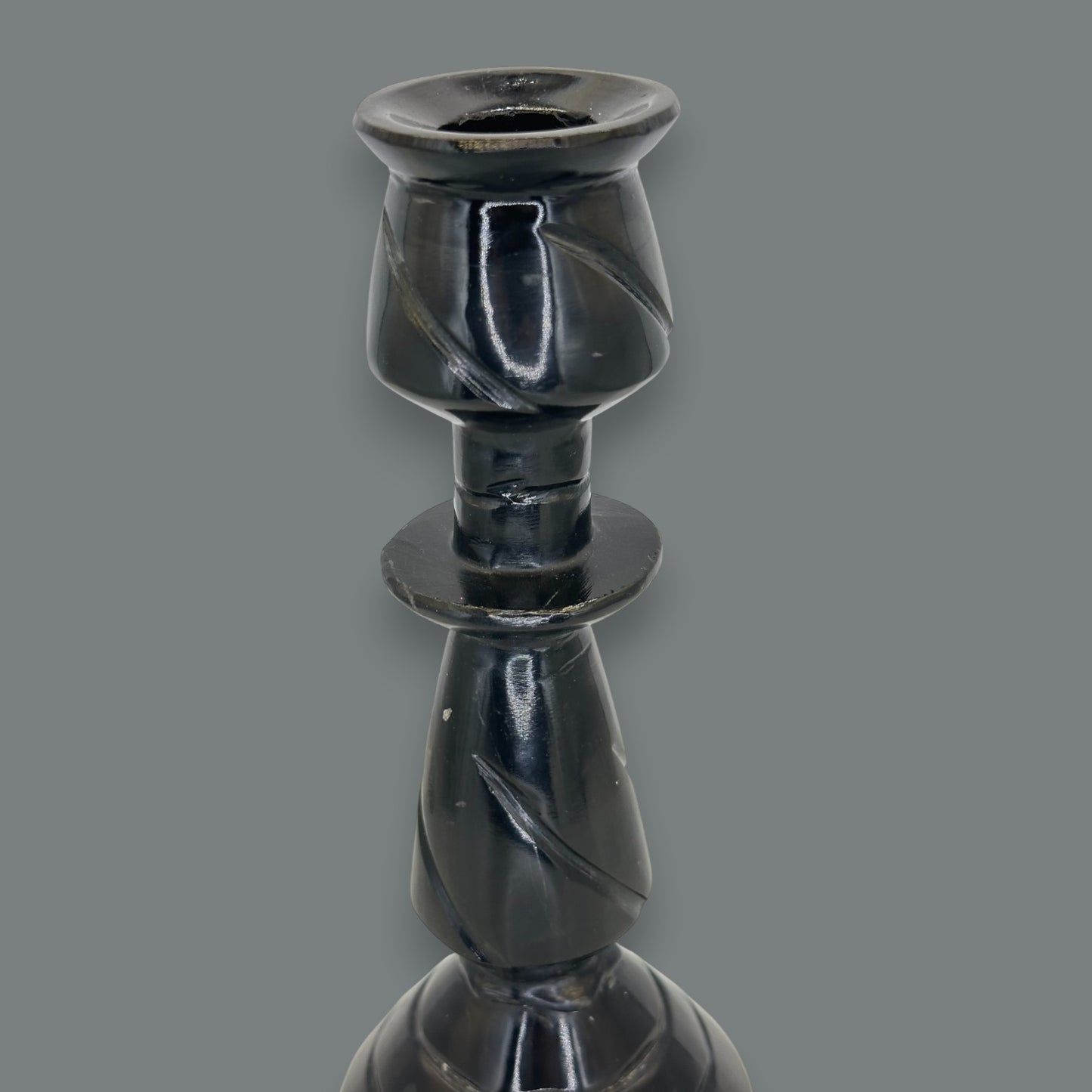 Hand-Carved Black Onyx Stone Taper Candle Holder 10.5 Inch