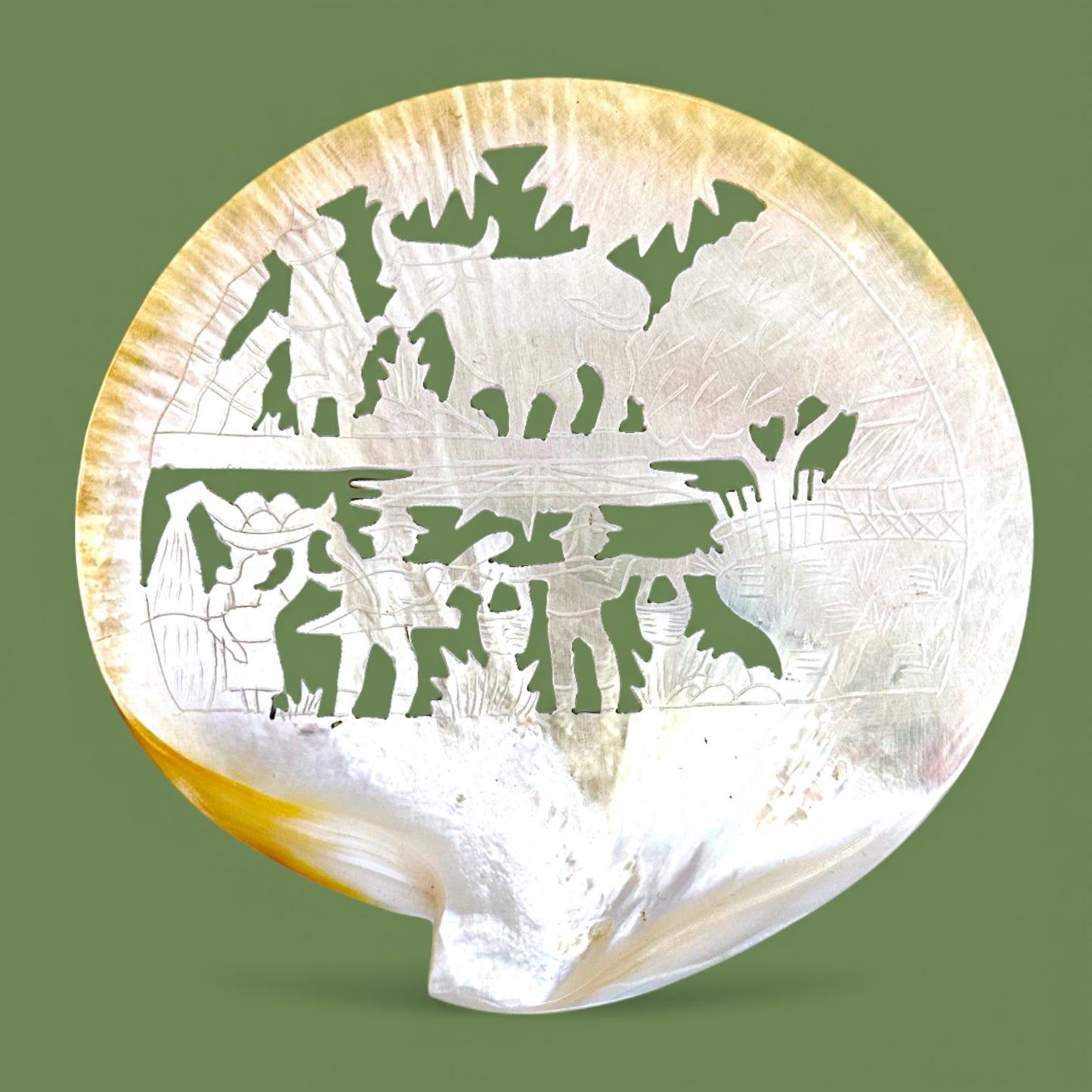 Antique Mother of Pearl Carving - Asian Farming Scene ✨